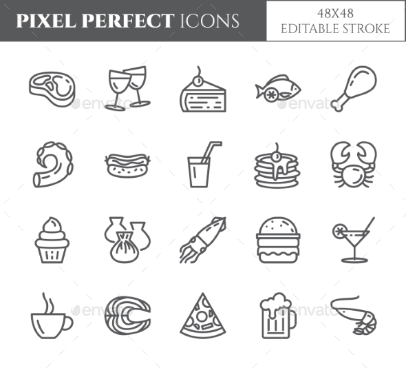 Meals Theme Pixel Perfect Thin Line Icons - Food Objects