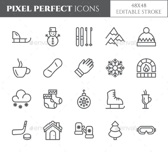 Winter Vacation Theme Pixel Perfect Line Icons. - Seasonal Icons