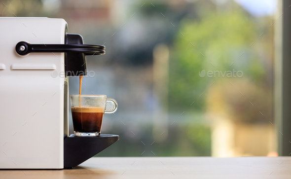 Espresso Machine Pouring Coffee Cups Blurred Background Closeup