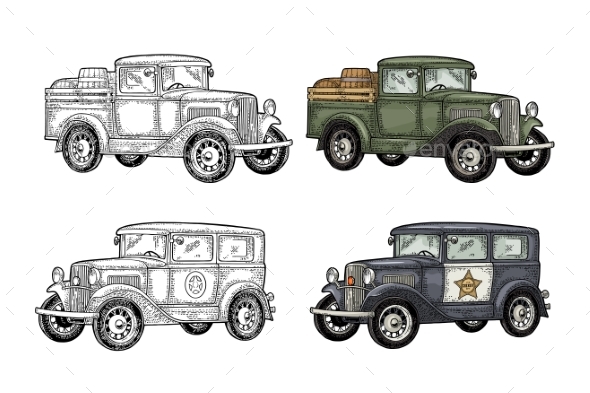 Retro Police Car and Pickup Truck with Barrel - Travel Conceptual