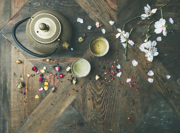 Flat-lay of Traditional Asian tea ceremony arrangement, copy space - Stock Photo - Images
