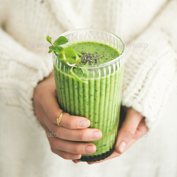 Matcha green smoothie with chia seeds and mint, square crop - Stock Photo - Images