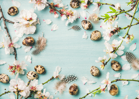 Easter background with eggs and Spring almond blossom flowers - Stock Photo - Images