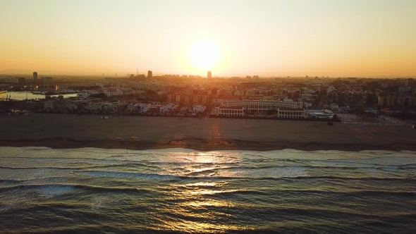 Views from Drone During Sunset on Beach Malvarrosa in Valencia