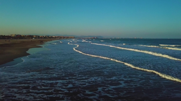 Views From Drone During Sunset on Beach Malvarrosa in Valencia
