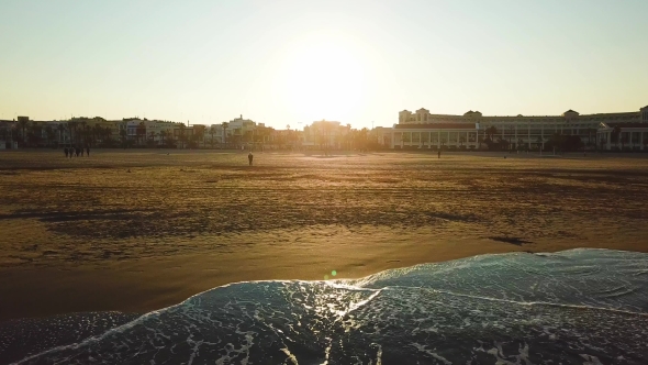 Views from Drone During Sunset on Beach Malvarrosa in Valencia