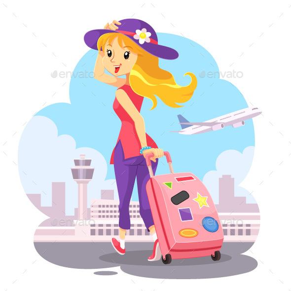 Traveling Girl With Pink Trolley Bag - Travel Conceptual