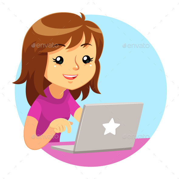 Girl Wearing Purple Shirt Using Grey Laptop - Computers Technology