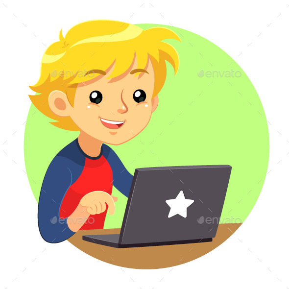 Boy Wearing Red And Blue Shirt Using Dark Grey Laptop - Computers Technology