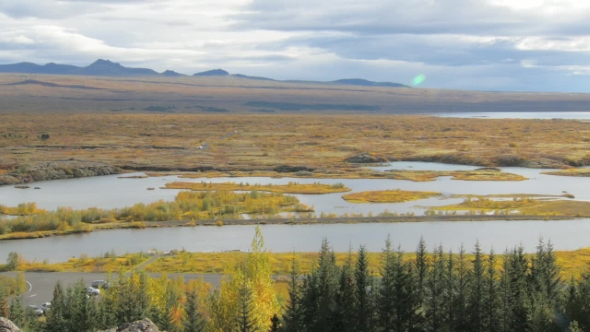 Picturesque Fall Landscape of River in a National Icelandic Park with Yellowed Grass and Moss