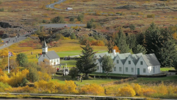 Famous Small Buildings in a National Park Thingvellir in Iceland in Sunny Autumn Day