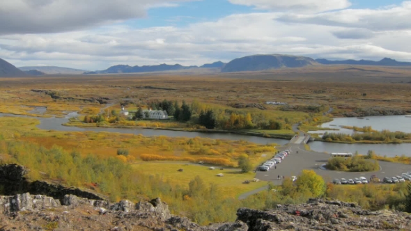 Panorama of National Park Thingvellir in Iceland in Sunny Autumn Day, View From Top