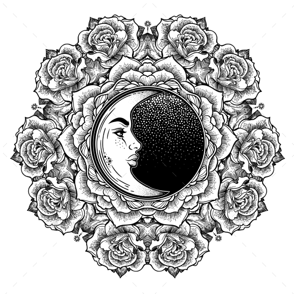 Fashion Boho Roses Flower Crescent Moon Mandala. - Flowers & Plants Nature