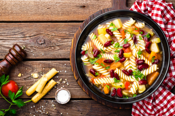 Minestrone soup. Vegetable soup with pasta - Stock Photo - Images