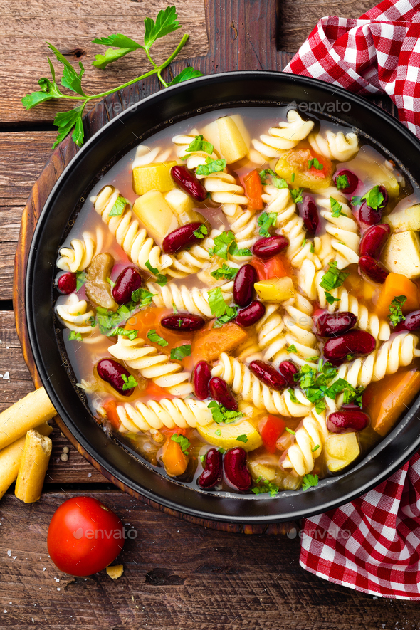 Minestrone soup. Vegetable soup with pasta - Stock Photo - Images