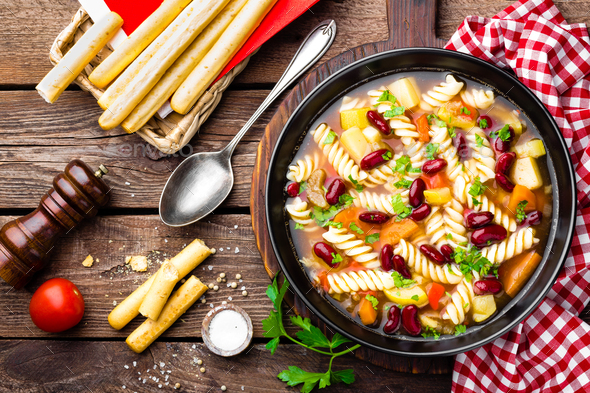 Minestrone soup. Vegetable soup with pasta - Stock Photo - Images