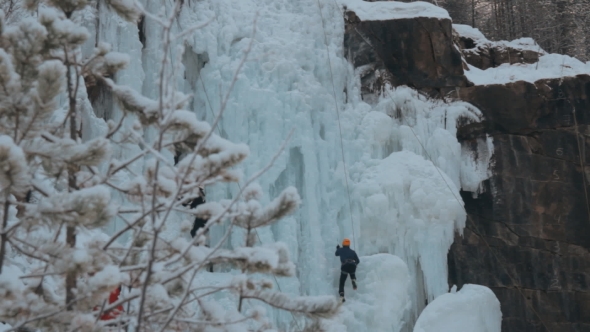 Competition Climbers on the Frozen Waterfall.