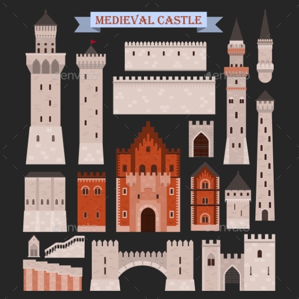 Medieval Castle Parts Like Gates, Walls, Towers - Buildings Objects