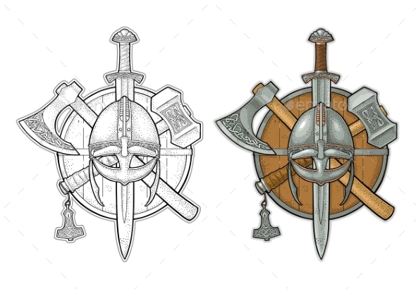 Set Edged Weapons Viking. Knife, Axe, Sword - Objects Vectors