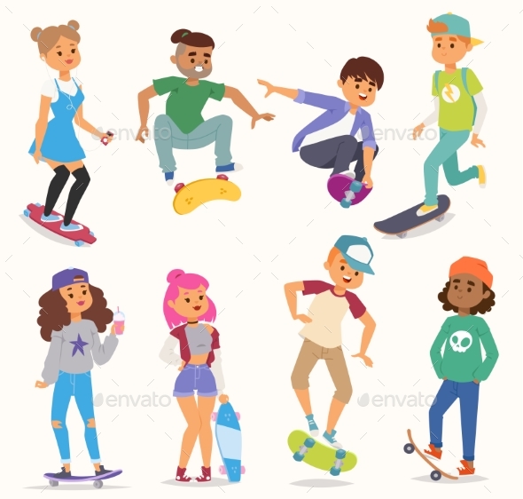 Skateboard Vector Young People Boy and Girl - People Characters