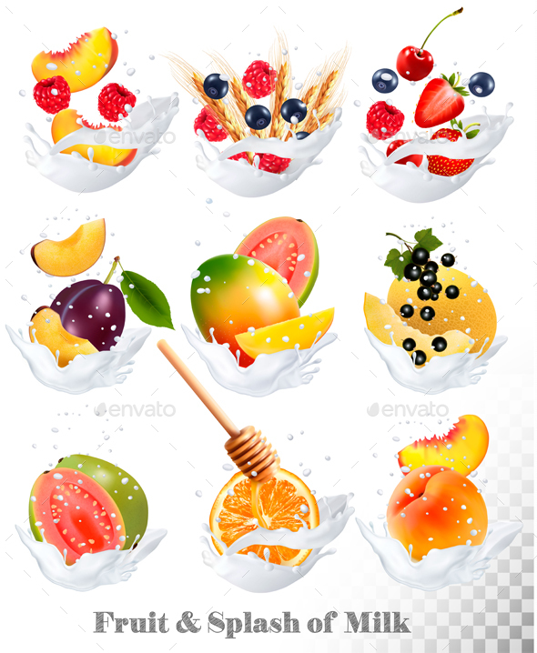 Big Collection Icons Of Fruit In A Milk Splash. - Food Objects
