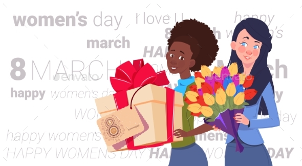 Girls Holding Gift Box and Bouquet of Flowers - Miscellaneous Vectors