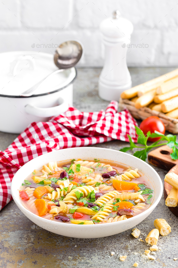 Minestrone soup. Vegetable soup with pasta - Stock Photo - Images