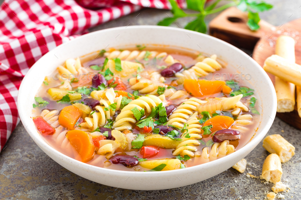 Minestrone soup. Vegetable soup with pasta - Stock Photo - Images