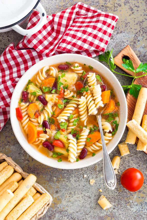 Minestrone soup. Vegetable soup with pasta - Stock Photo - Images
