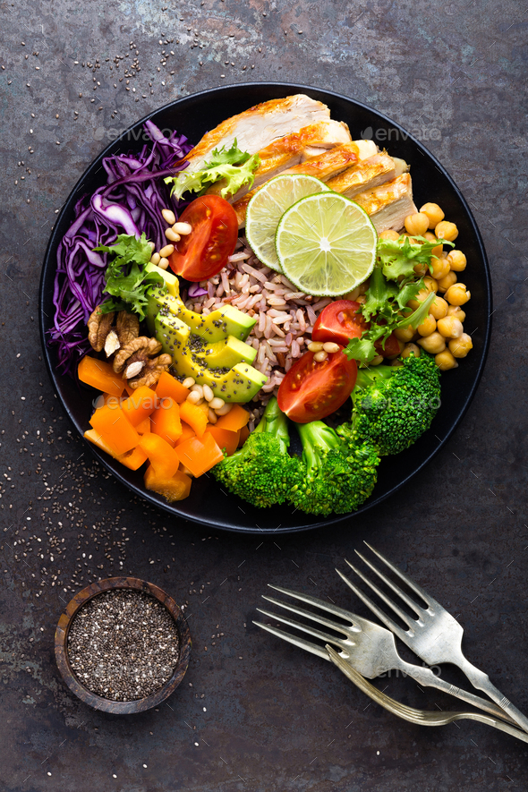 Buddha bowl dish with chicken fillet - Stock Photo - Images