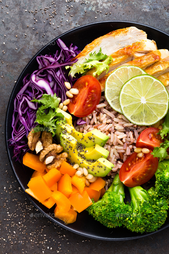 Buddha bowl dish with chicken fillet - Stock Photo - Images