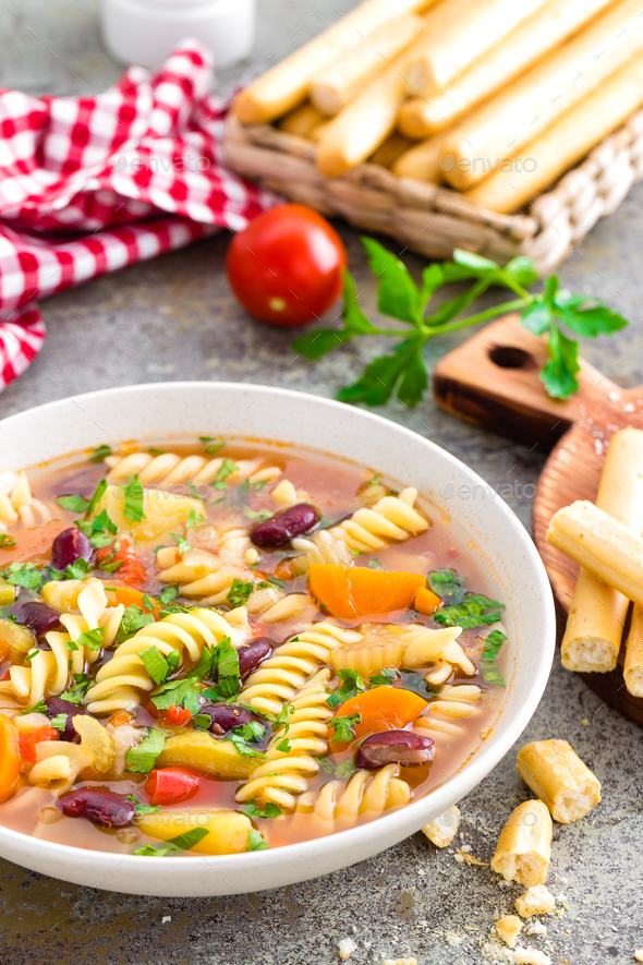 Minestrone soup. Vegetable soup with pasta - Stock Photo - Images