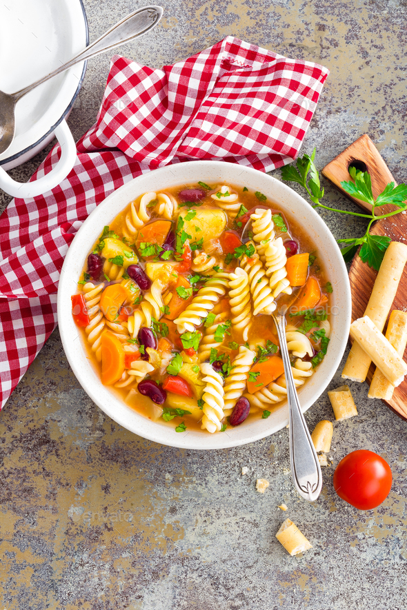 Minestrone soup. Vegetable soup with pasta - Stock Photo - Images