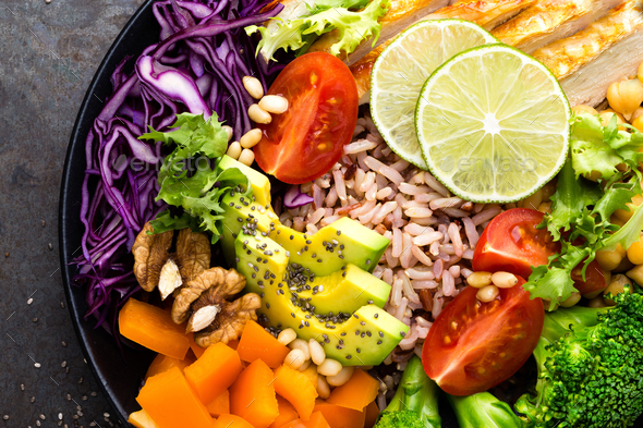 Buddha bowl dish with chicken fillet - Stock Photo - Images