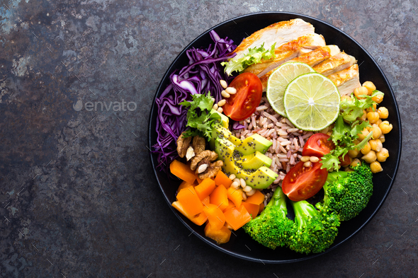 Buddha bowl dish with chicken fillet - Stock Photo - Images