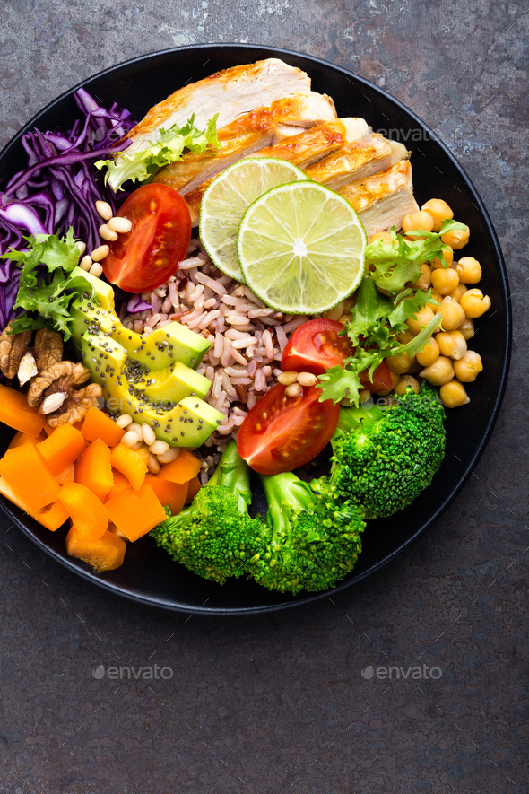 Buddha bowl dish with chicken fillet - Stock Photo - Images