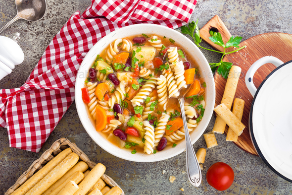 Minestrone soup. Vegetable soup with pasta - Stock Photo - Images