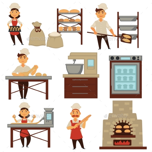 Baker in Bakery Shop Baking Bread Process Vector - People Characters