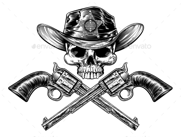 Sheriff Star Badge Cowboy Hat Skull and Pistols - Miscellaneous Vectors