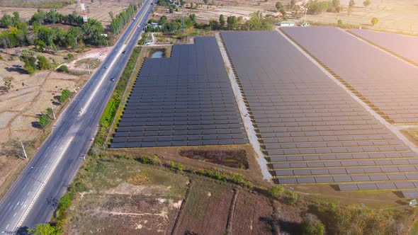 Eco Power Save Earth Solar power plant and 4K aerial view. Renewable energy. Green tech. alt