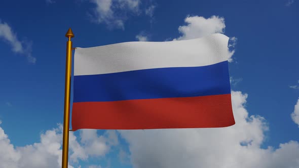 National flag of the Russian Federation waving with flagpole and blue sky alt