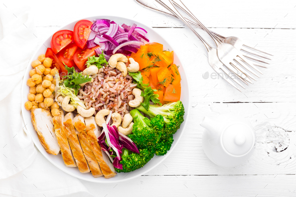 Buddha bowl dish with chicken fillet - Stock Photo - Images