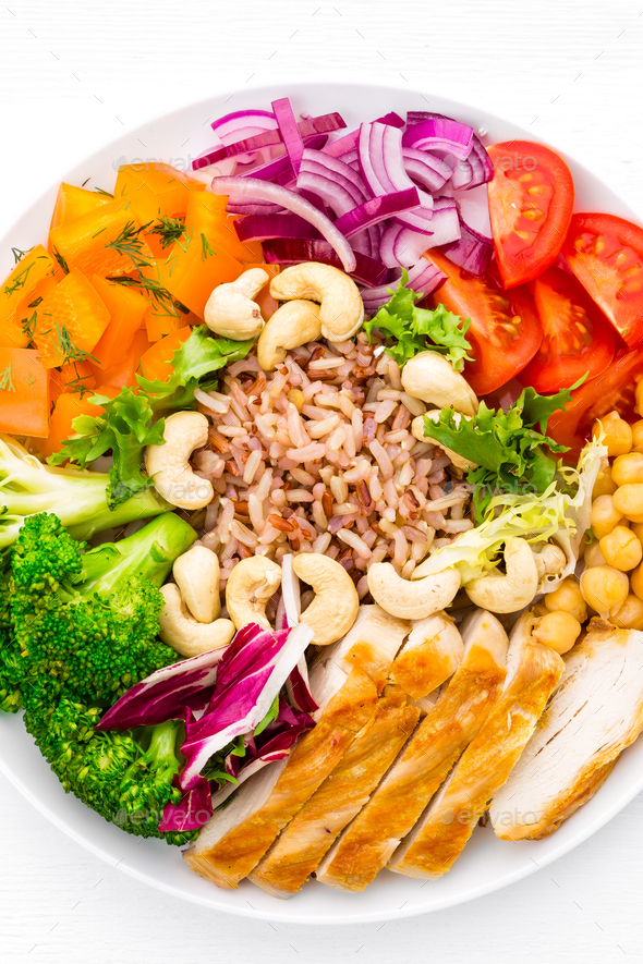 Buddha bowl dish with chicken fillet - Stock Photo - Images