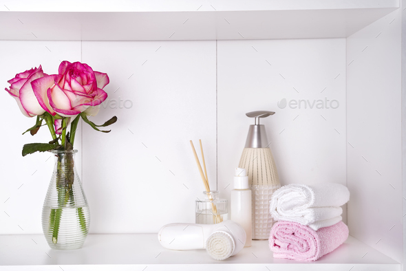 Spa bath cosmetic and flower rose, isolated on white - Stock Photo - Images