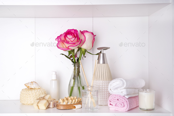 Spa bath cosmetic and flower rose, isolated on white - Stock Photo - Images
