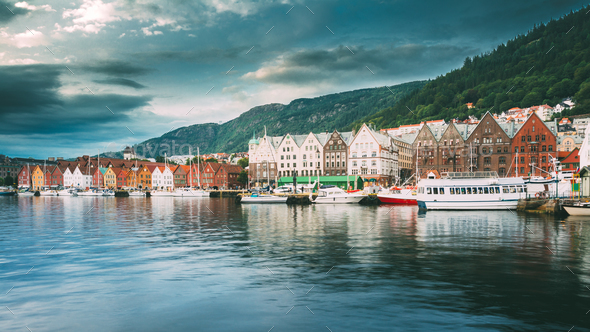 Bergen, Norway. View Of Historical Architecture, Buildings, Bryg - Stock Photo - Images