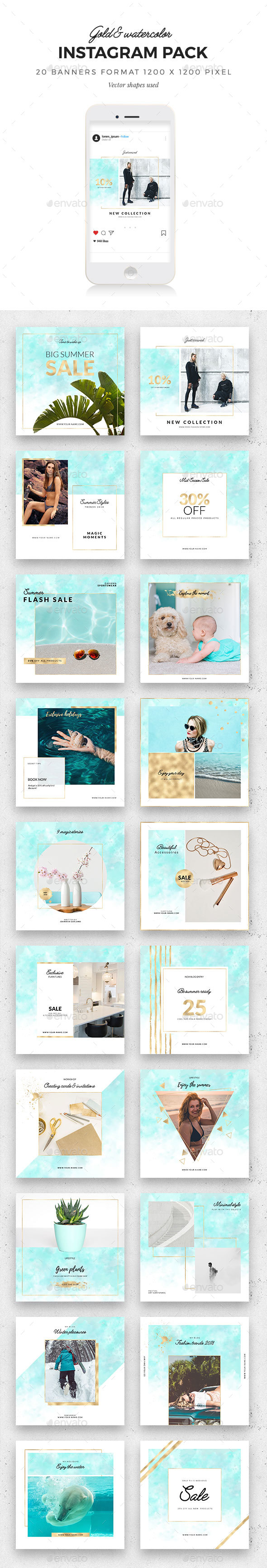 Gold & Watercolor Instagram Pack - Social Media Web Elements