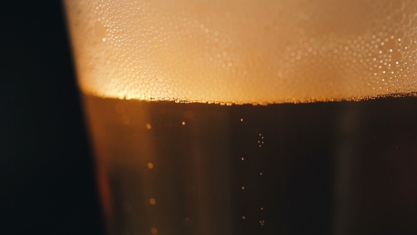 Bubbles Movement Inside a Large Glass Mug with Fresh Beer