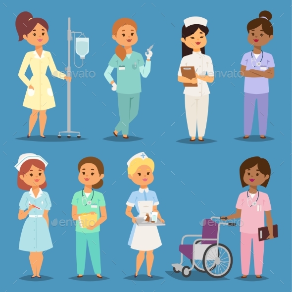 Cartoon Woman Doctors Nurses Vector Girl Meeting - People Characters