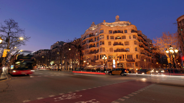 Casa Mila La Pedrera of Antoni Gaudi in Barcelona from Day to Night
